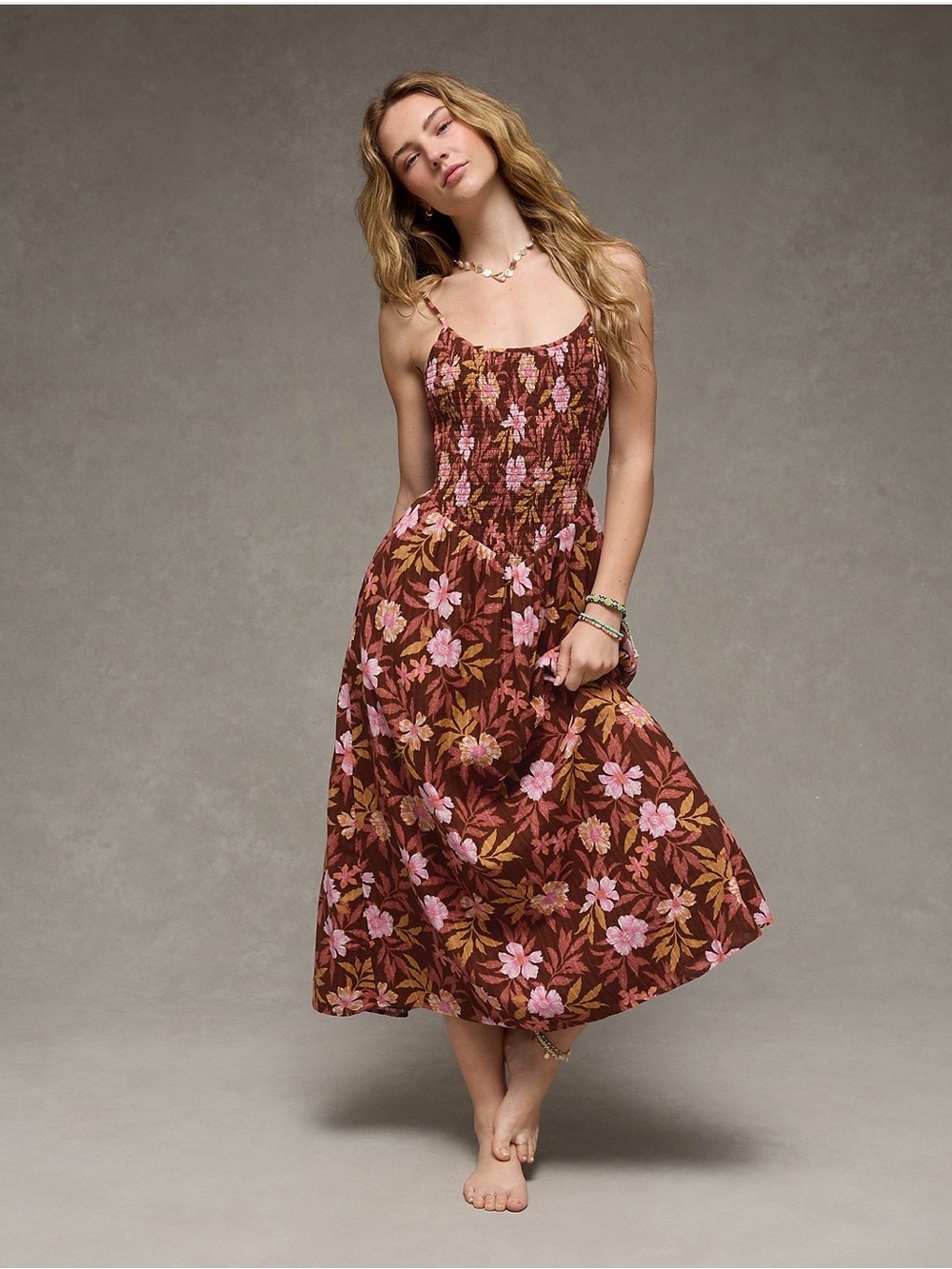 American Eagle Outfitters Brown Floral Smocked Midi Dress with Pink Blooms